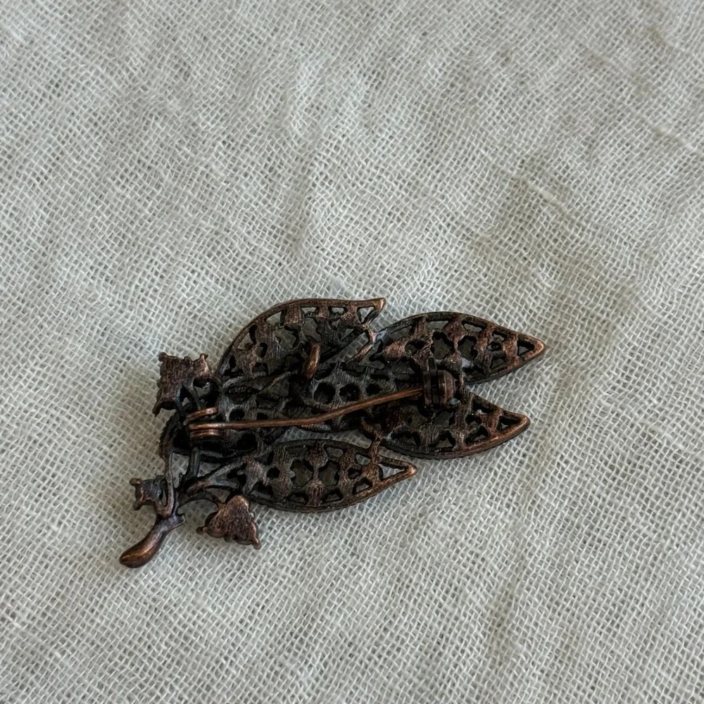Leaf Branch Brooch Pin‎ Rhinestones Copper Tone Vintage Jewelry Accessory